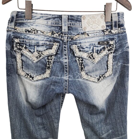 Miss Me Jeans Easy Cropped Womens Size 27 Blue Denim Embroidered Embellished - Picture 3 of 10